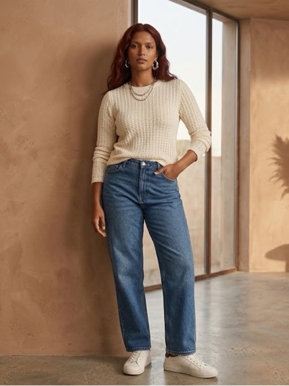 Zara Knit Pointelle Textured Crewneck Knit Long Sleeve Top in Cream
